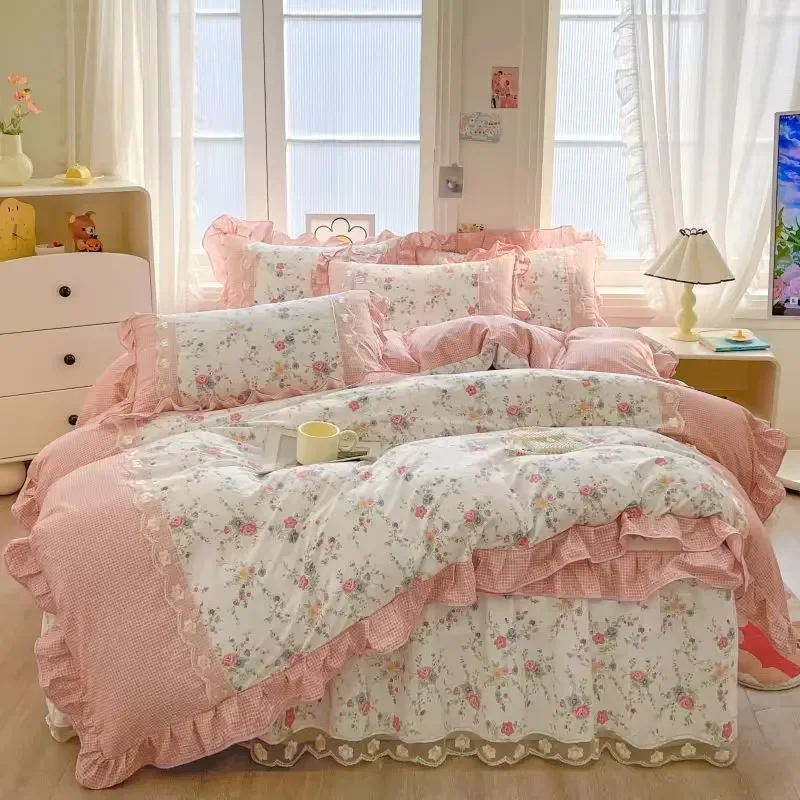 Class A new retro padded mattress type bed skirt series four-piece set 100 pure cotton thickened lace quilt cover bedding