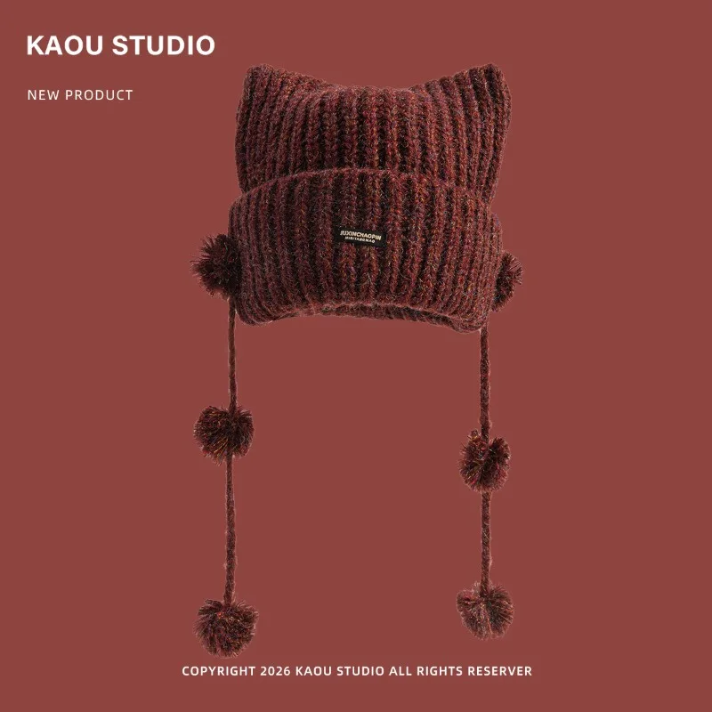 Japanische Niedliche Katzenohren-Mütze mit Haarball und Quaste, Warme Ohrenschutz-Beanie-Mütze für Damen, Herbst/Winter – Detail 8