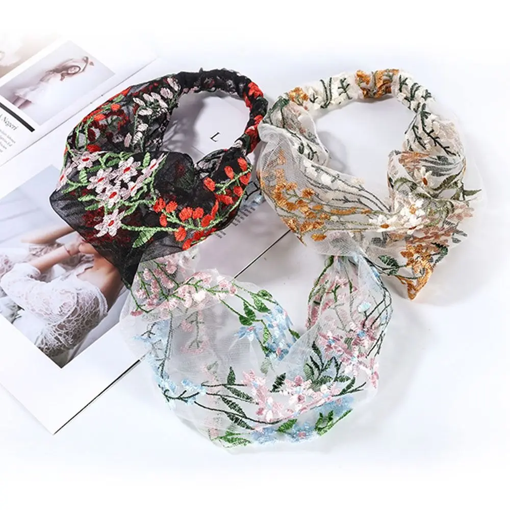 Creative Multicolor Embroidered Headscarf Hair Cover Thin Flower Pattern Headband Ethnic Floral Lace Headwear Female
