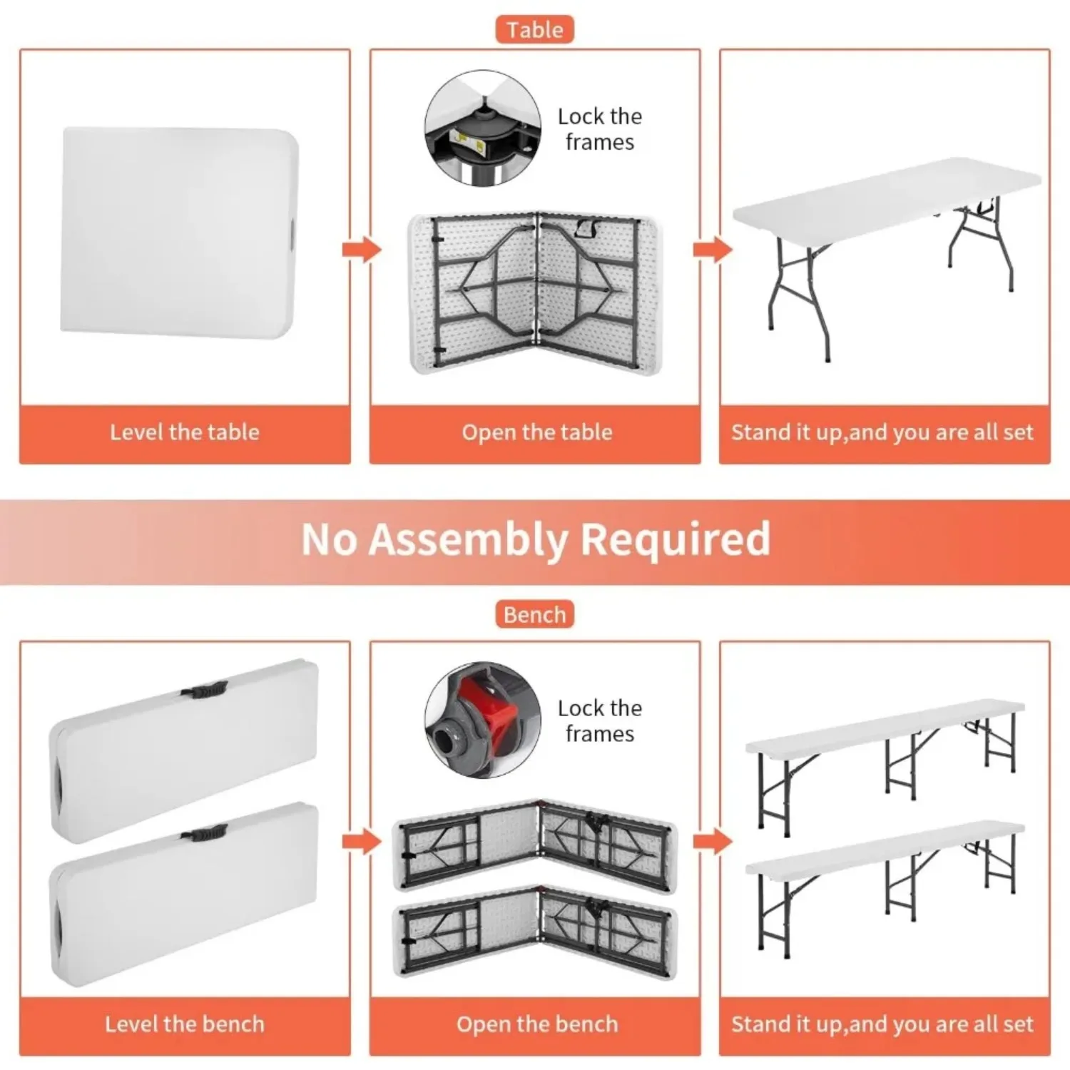 3-Piece Picnic Table Bench Set 6FT Camping Table Folding Table Plastic Table with Two Benches Carrying Handles for Outdoor