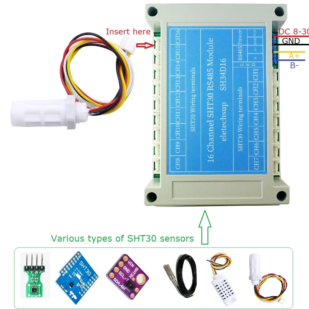 SHT30 SHT3X Sensor Remote acquisition Controller 16CH RS485 Temperature & Humidity Collector Module  Digital Thermometer