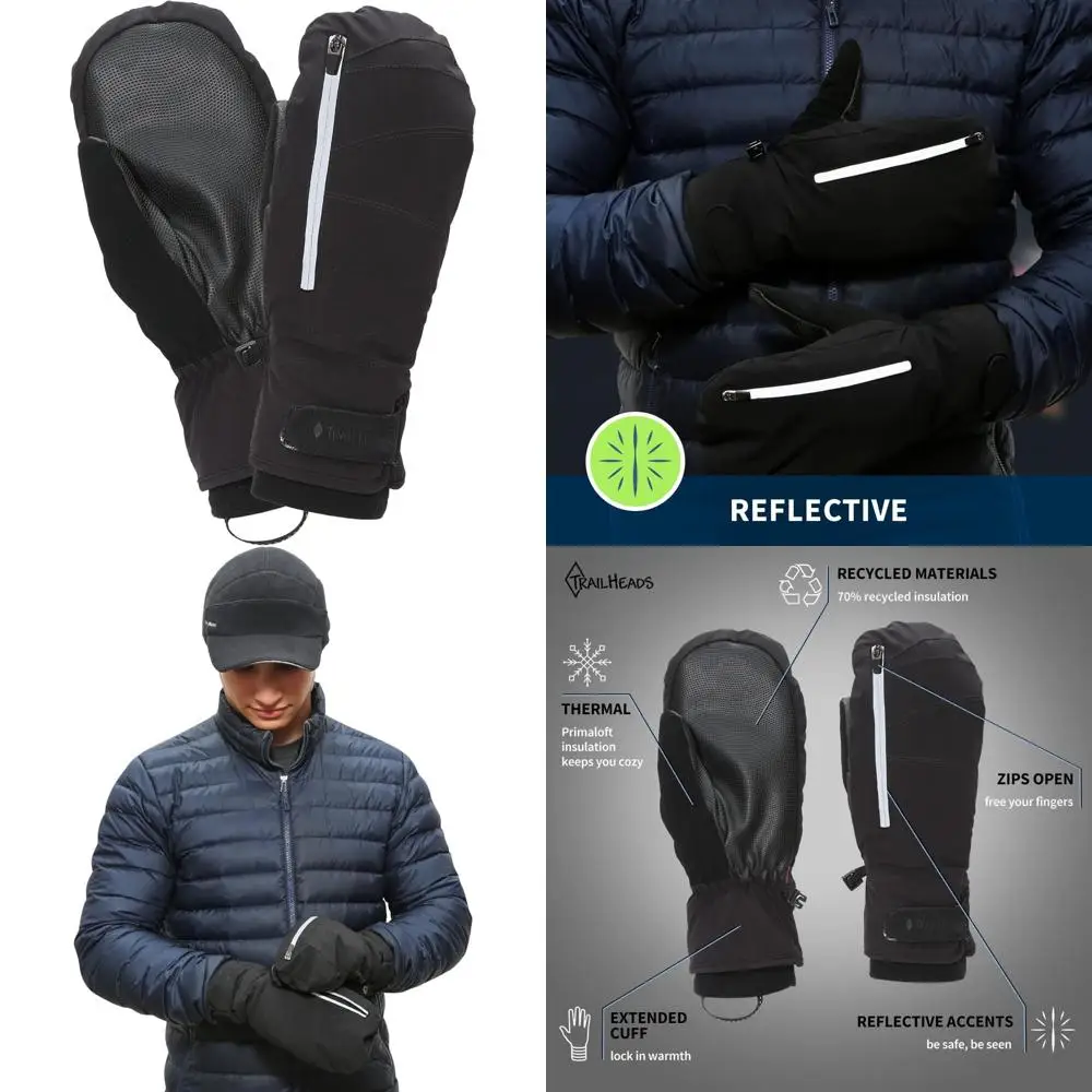

Winter Running Mittens for Men - Thermal Insulated Convertible Zip Mitts for Cold Weather in Black