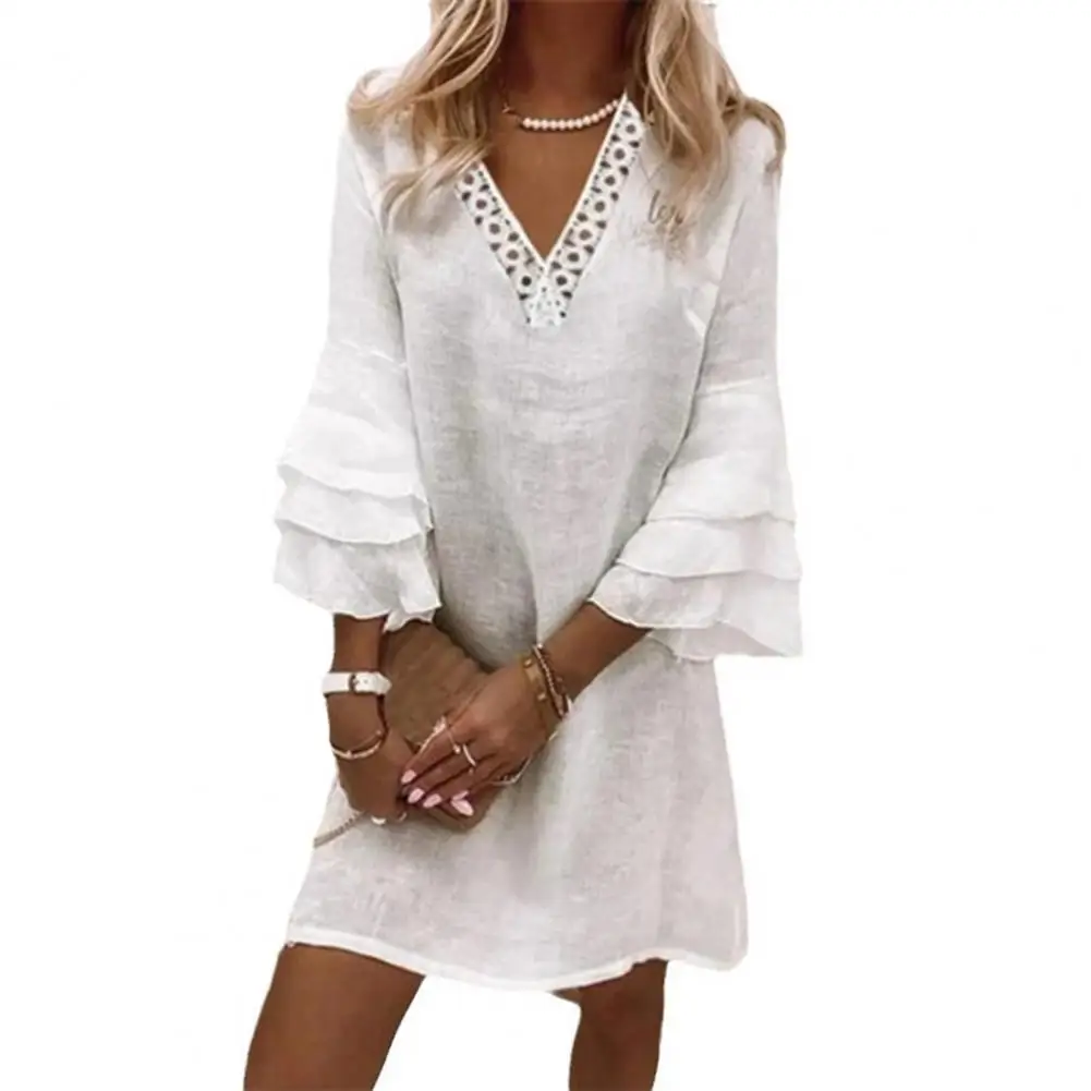 Elegant Summer Women Dress Hollow Out Layered Cuff A-line Solid Color Three Quarter Sleeves Loose Beach Mini Dress