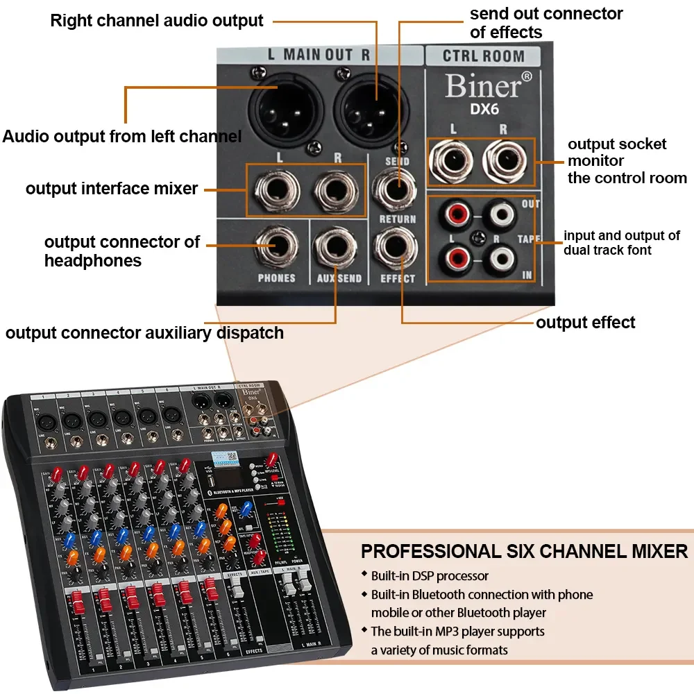 DX6 Profesional 6 Channel Mixing Console Built in BT DSP Reverb Effect USB Recording Audio Mixer