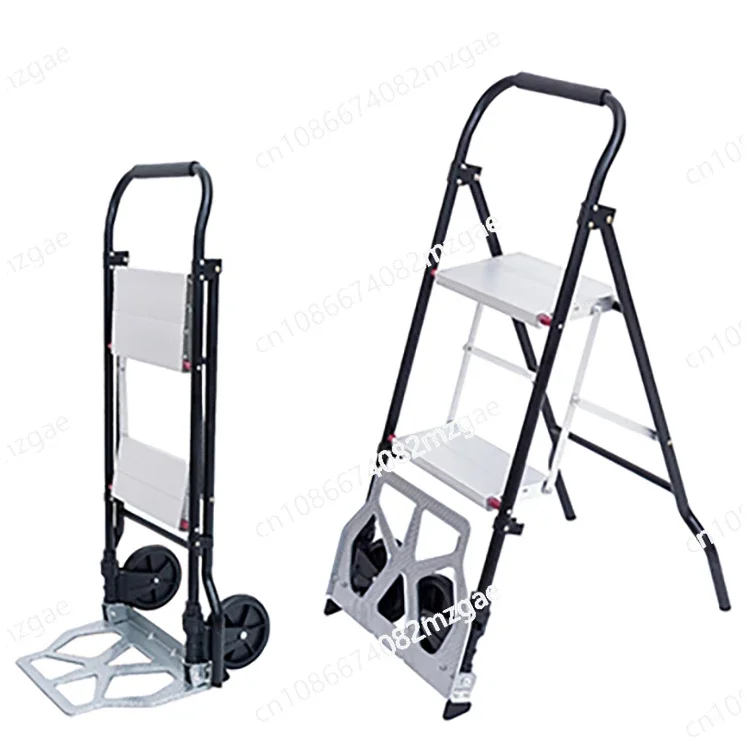 Warehouse/supermarket/home Small Hand Trolley 80 Kg Loading Capacity Durable Foldable Ladder Cart 2 Steps Tools Pneumatic Wheel