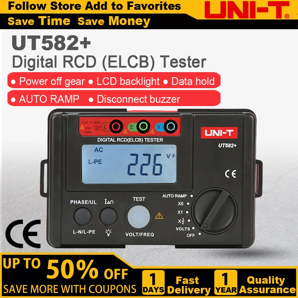 UNI-T UT582+ Digital RCD (ELCB) Tester AUTO RAMP Leakage Circuit Breaker Meter with Mis-Operation Buzzer Voltage and current