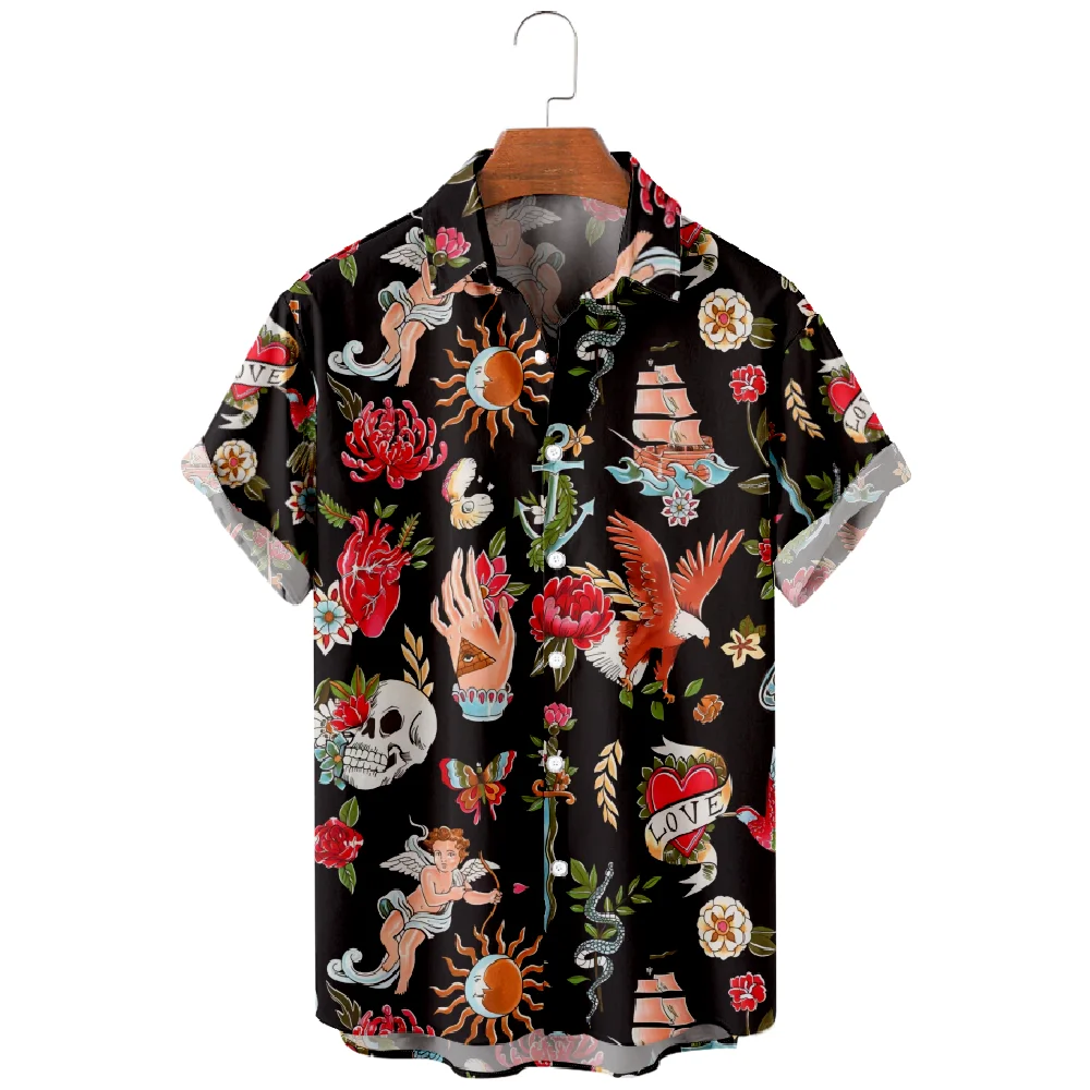 Casual Shirts Voor Mannen Skelet Death God Print Shirts Met Korte Mouwen Zomer Strandvakantie Tops Ademend