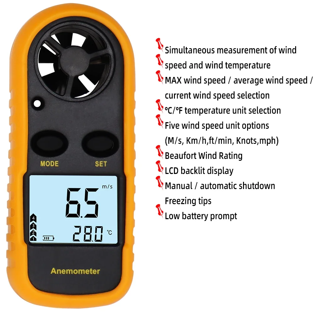 GM816 Digital Anemometer LCD Mini Wind Meter Wind Speed 30m/s Pocket Wind Speed Gauge Meter Temperature Measure Data Hold