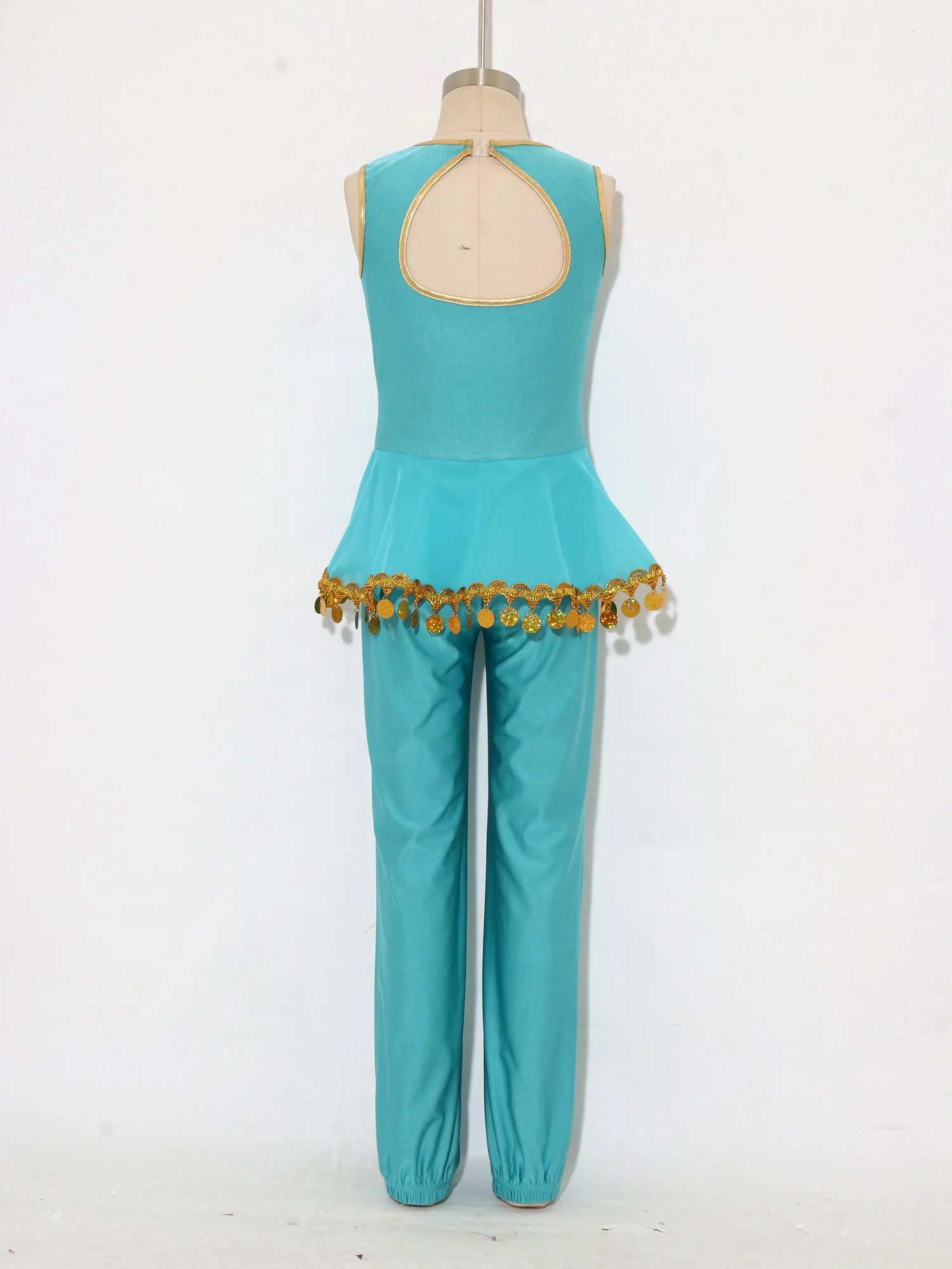 Kids Girls Arabian Princess Costume Shiny Sequin Gold Trim Tassel Mesh Peplum Jumpsuit Sleeveless Cutout Performance Bodysuit 4
