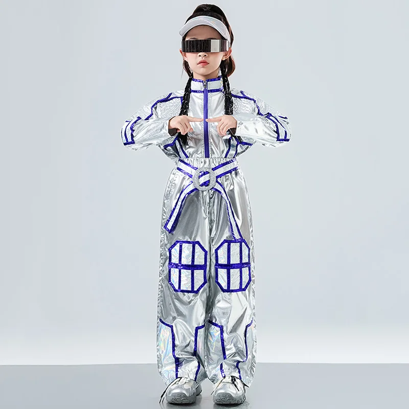 Children's Silver Stage Costumes Hip Hop Performance Clothing Boys Astronaut Suit Girls Long Sleeves Tops Pants Cool BL17655