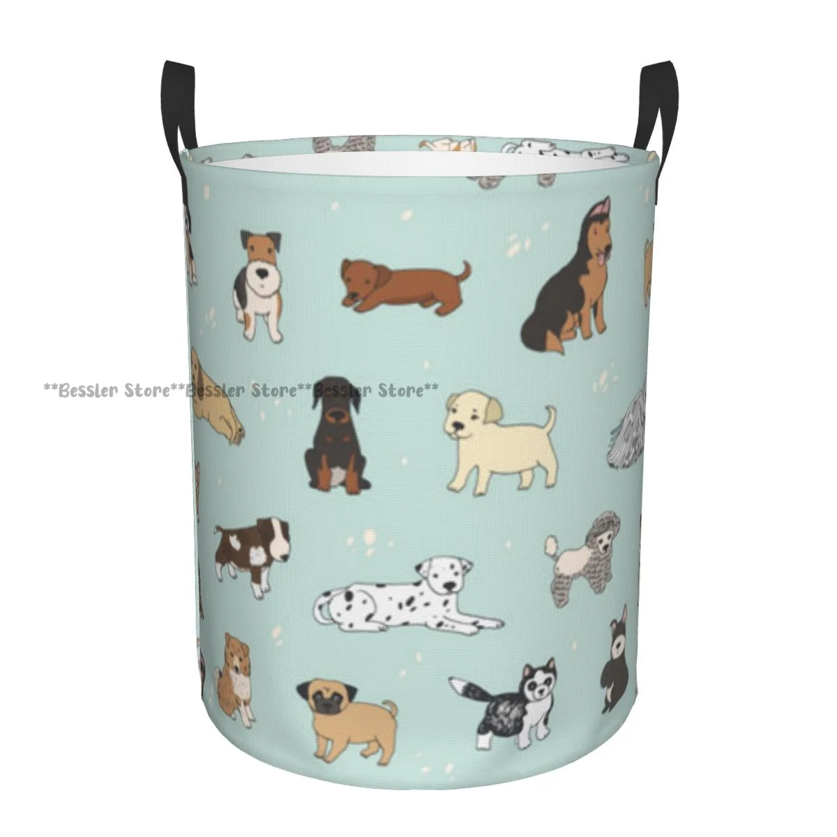 Laundry Basket Cute Cartoon Dogs Round Storage Bin Collapsible Hamper Clothes Bucket Organizer