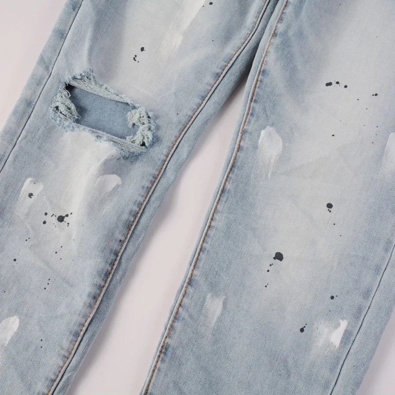 Y2K fashion new men's jeans with pleated, painted, perforated, washed, nostalgic, elastic, slim fit, retro, light blue jeans, hi