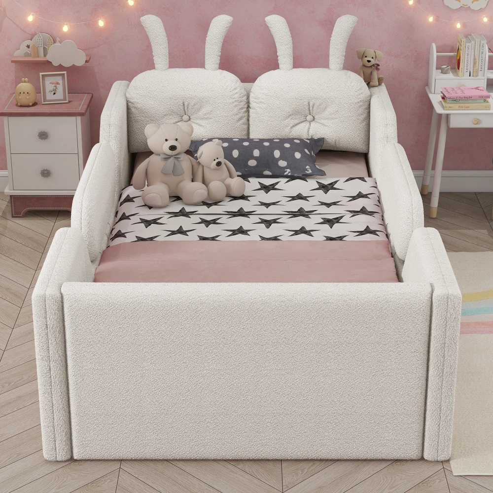 Twin Size Kids Upholstered Bed:Rabbit Cushion, Removable Rails, White (Arrival 2025/1/15)