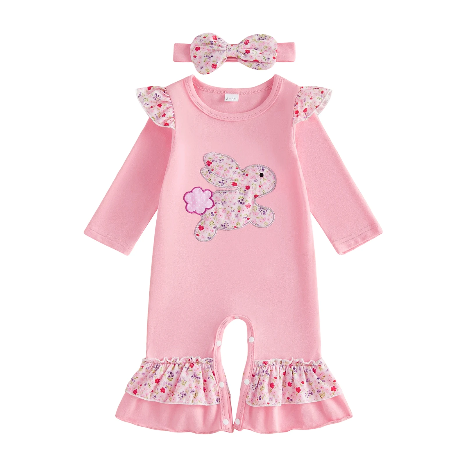 Baby Girl Easter Jumpsuit Long Sleeve Round Neck Floral Bunny Embroidery Rompers