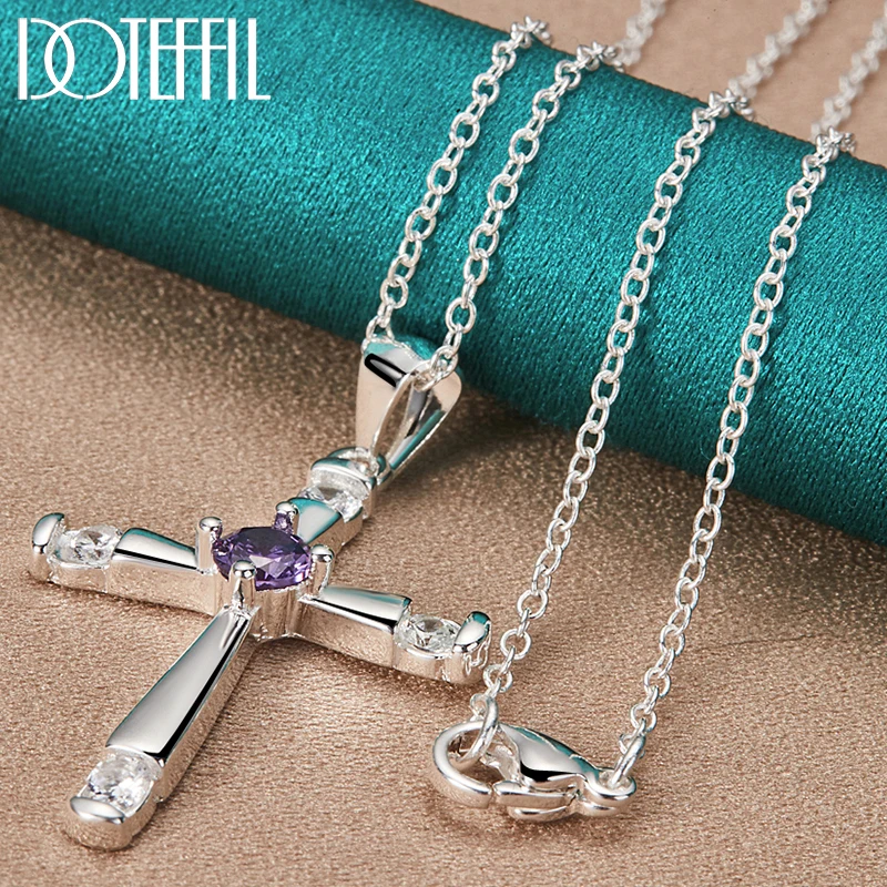 

DOTEFFIL 925 Sterling Silver Round AAA Zircon Cross Pendant Necklace 18-30 Inch Chain For Woman Fashion Wedding Charm Jewelry