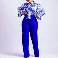 Women's Autumn and Winter Loose Plus Casual Printed Long Sleeved Shirt Wide Leg Pants Two-piece Set