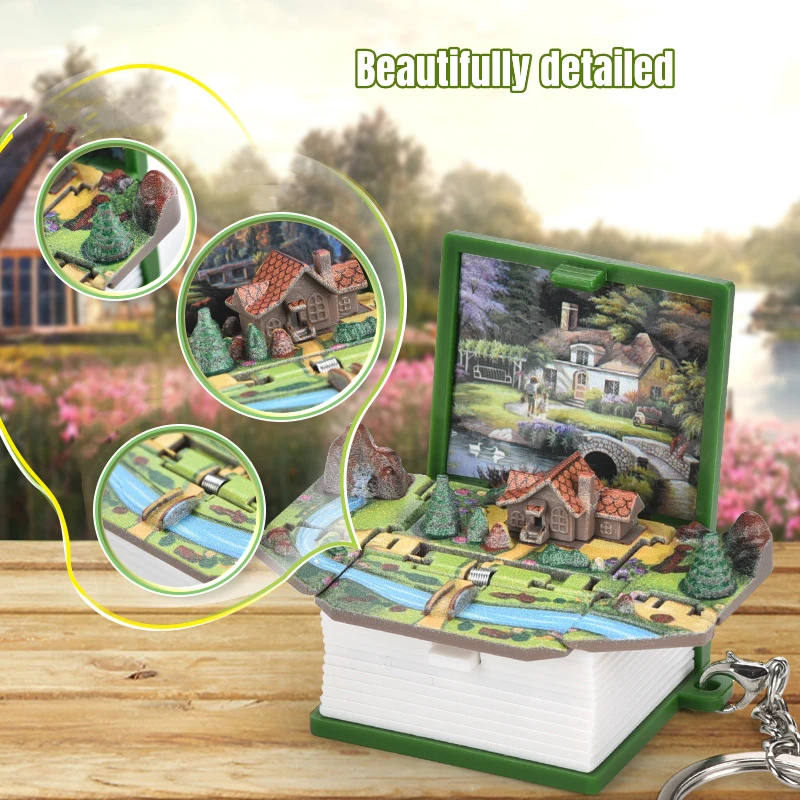 Mini Foldable Book Pop-up Keychain Novelty Gadgets Magic Prop Tricks 3D Bucolic Cottage Bag Pendant Dollhouse Magic Book