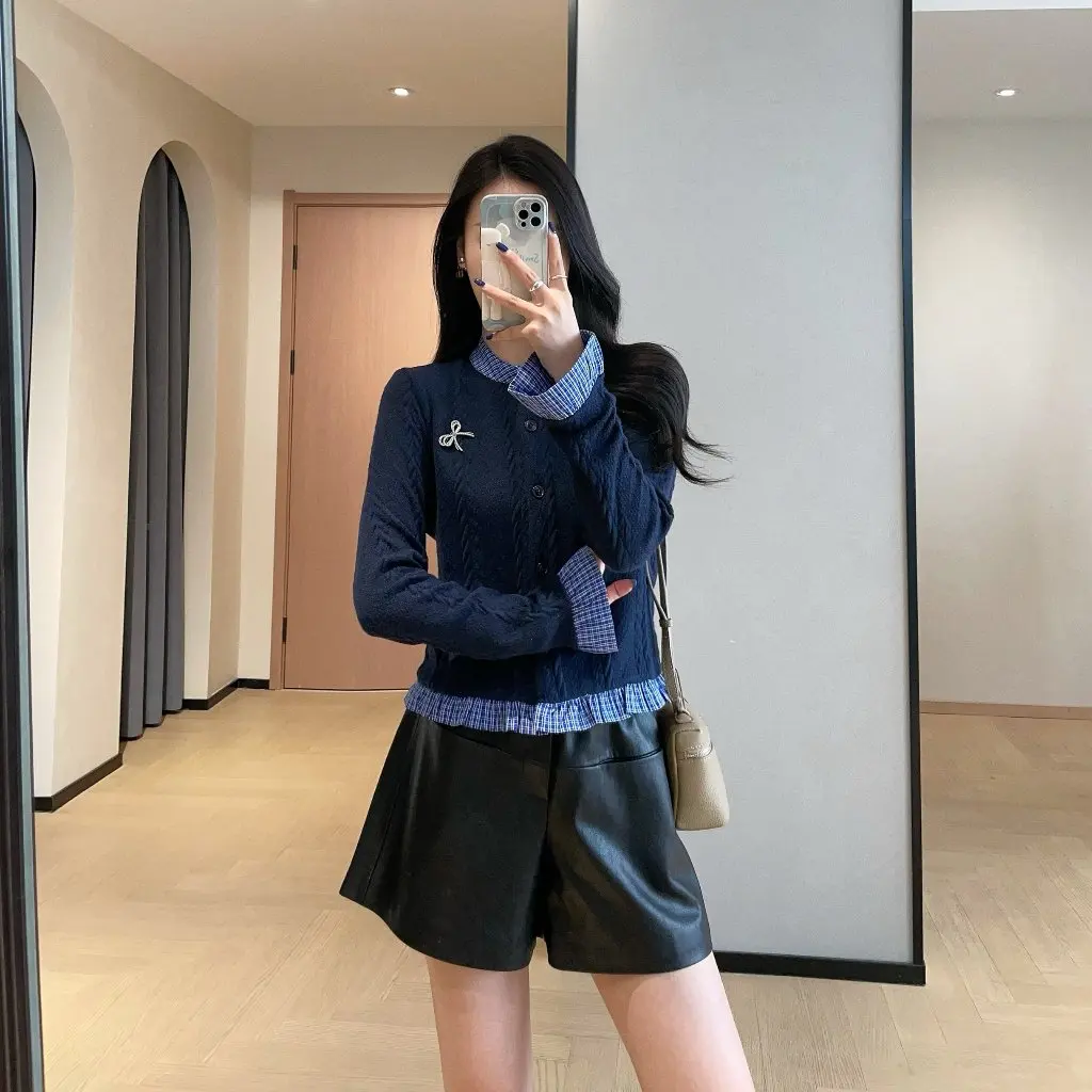 Zedaijai Cardigan Rajut Wanita Elegan Model Slim-fit dengan Aksen Pita dan Ruffle, Jahitan Pelangsing Gaya Dua Lapis Palsu untuk Musim Gugur dan Musim Dingin