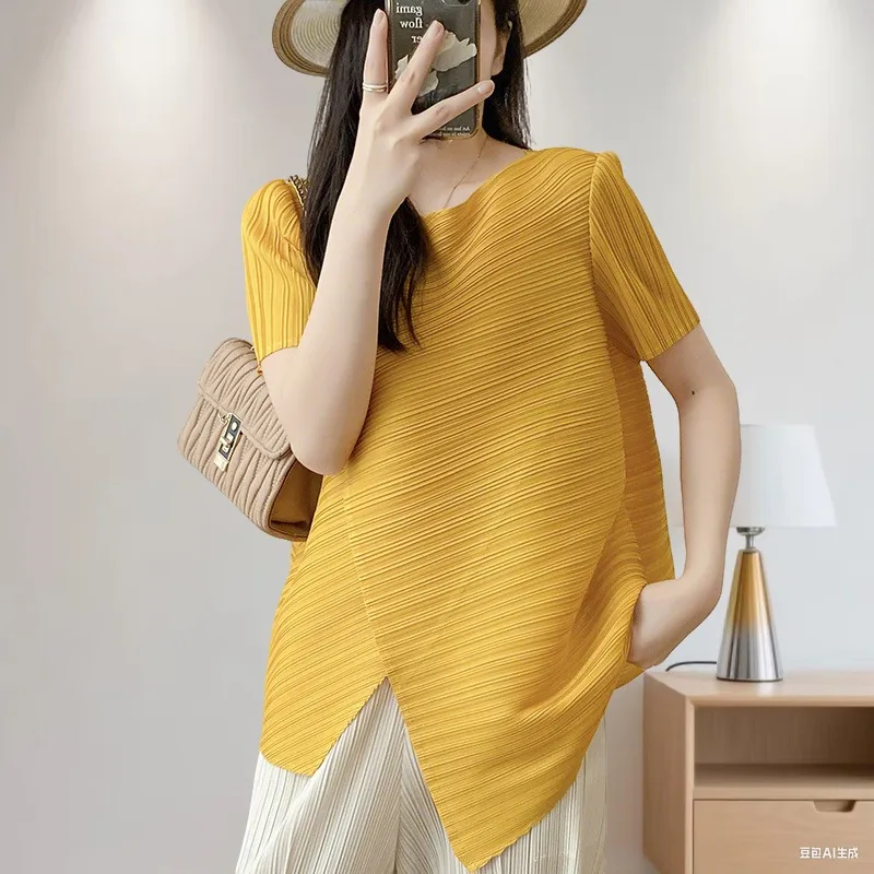 

Miyake новая однотонная футболка с короткими рукавами женская летняя нерегулярная повседневная тонкая свободная темпераментная повседневная футболка легкие дышащие