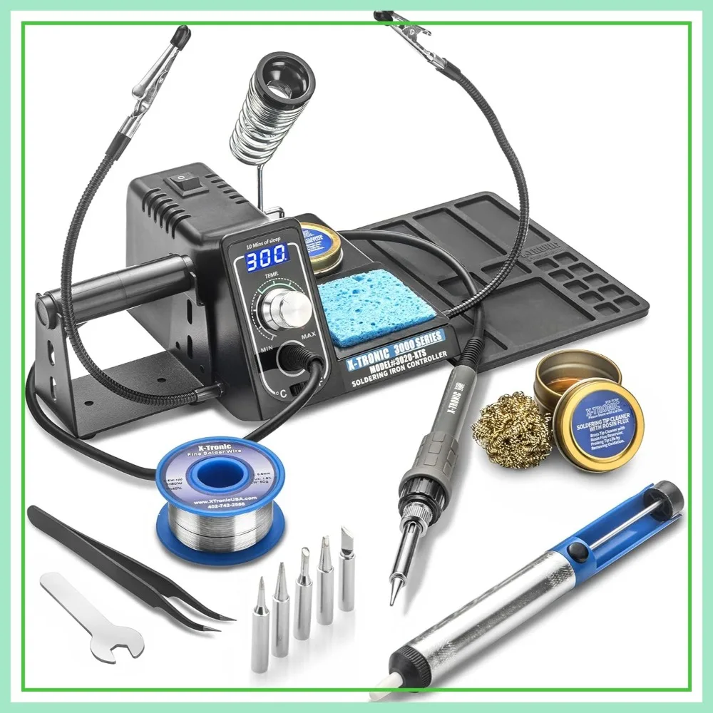 

75W Soldering Iron Station Kit with 2 Helping Hands, 5 Extra Tips, Solder, Flux, Tweezers, Solder Sucker, Sleep & °C/°F Toggle