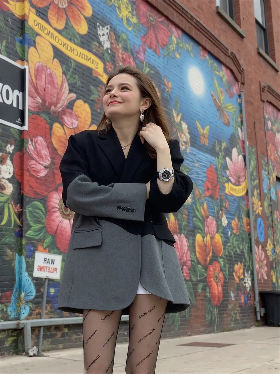 

Patchwork Loose Notched Blazers For Woman Sexy Clothes Women Solid Color Ladies Feeling Blazer Pure Boyfriend-Style Warm Commute