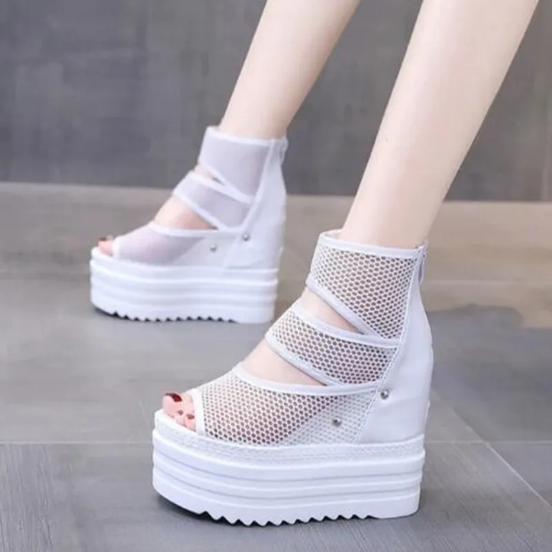 Brand Designer 12cm Black Gladiator Sandals Women Ankle Boots Female Summer Wedges Increased Platform Shoes Peep Toe Rome Sandal