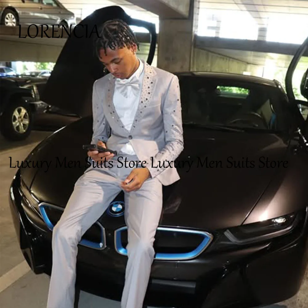 

Leisure 2 Pieces Suits for Men Slim Fit Crystal Wedding Party Outfits Customized Single Breasted Flat Collar costumes homme