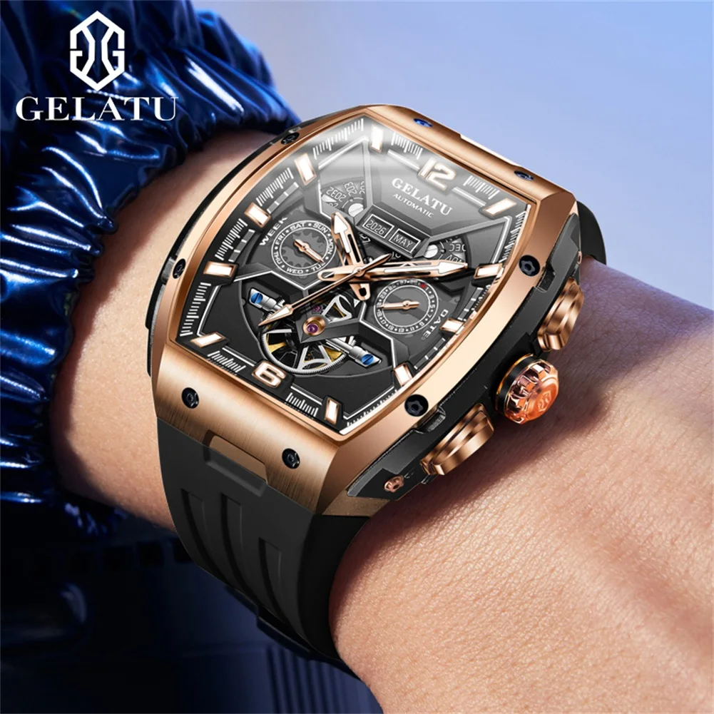 GELATU 6013 Tonneau Dial Mechanical Watch For Men Hollow Skeleton Auto Date Hand Clock Luxury Business Deep Waterproof Man Watch