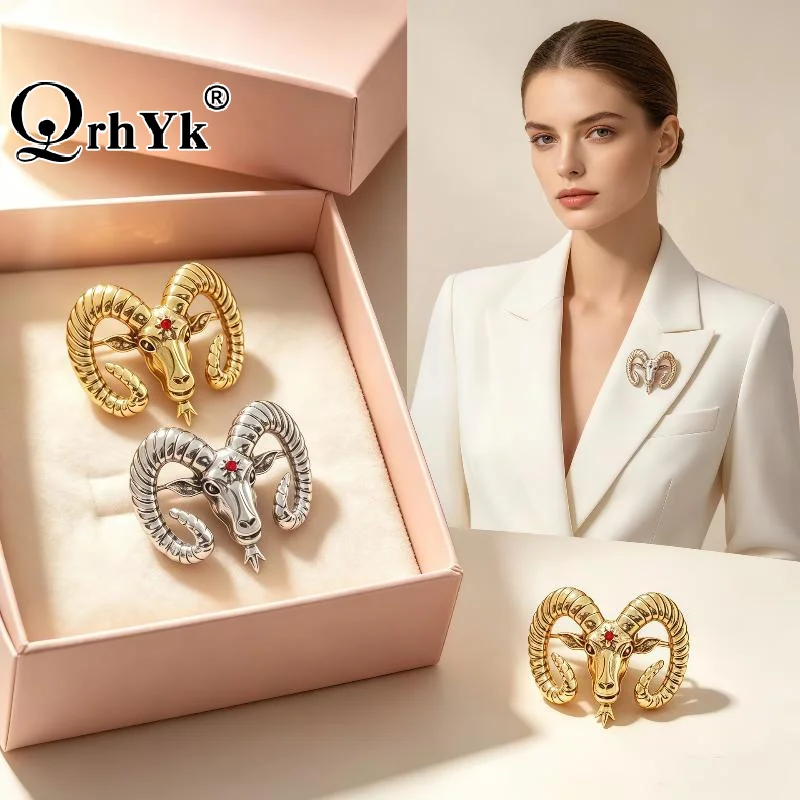1Pcs Vintage Aries Ram Head Brooch Shiny Red Zircon Inlay Gold Silver Color Options For Office Daily Wear And Gifting