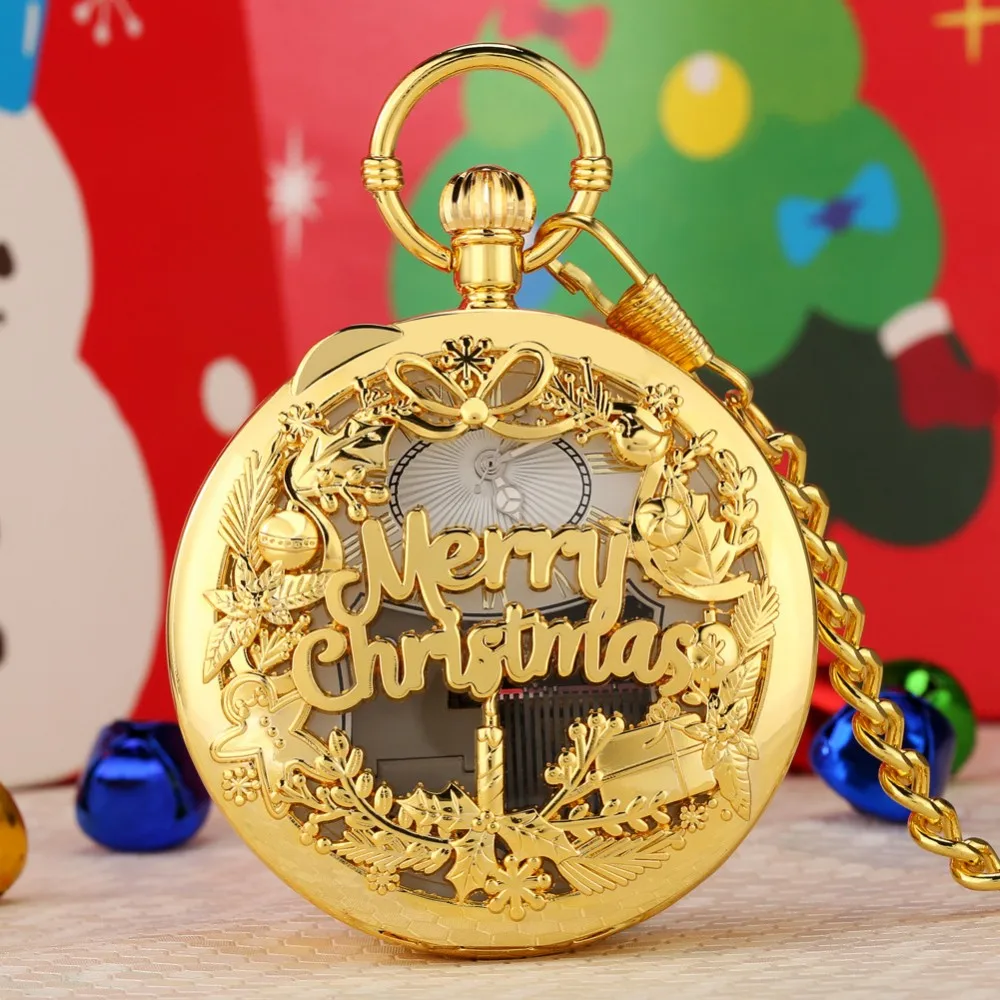 Merry Christmas Melody Musical Pocket Watch Vintage Unique Birthday Gifts for Family Members Friends Pendant Music Pocket Clock