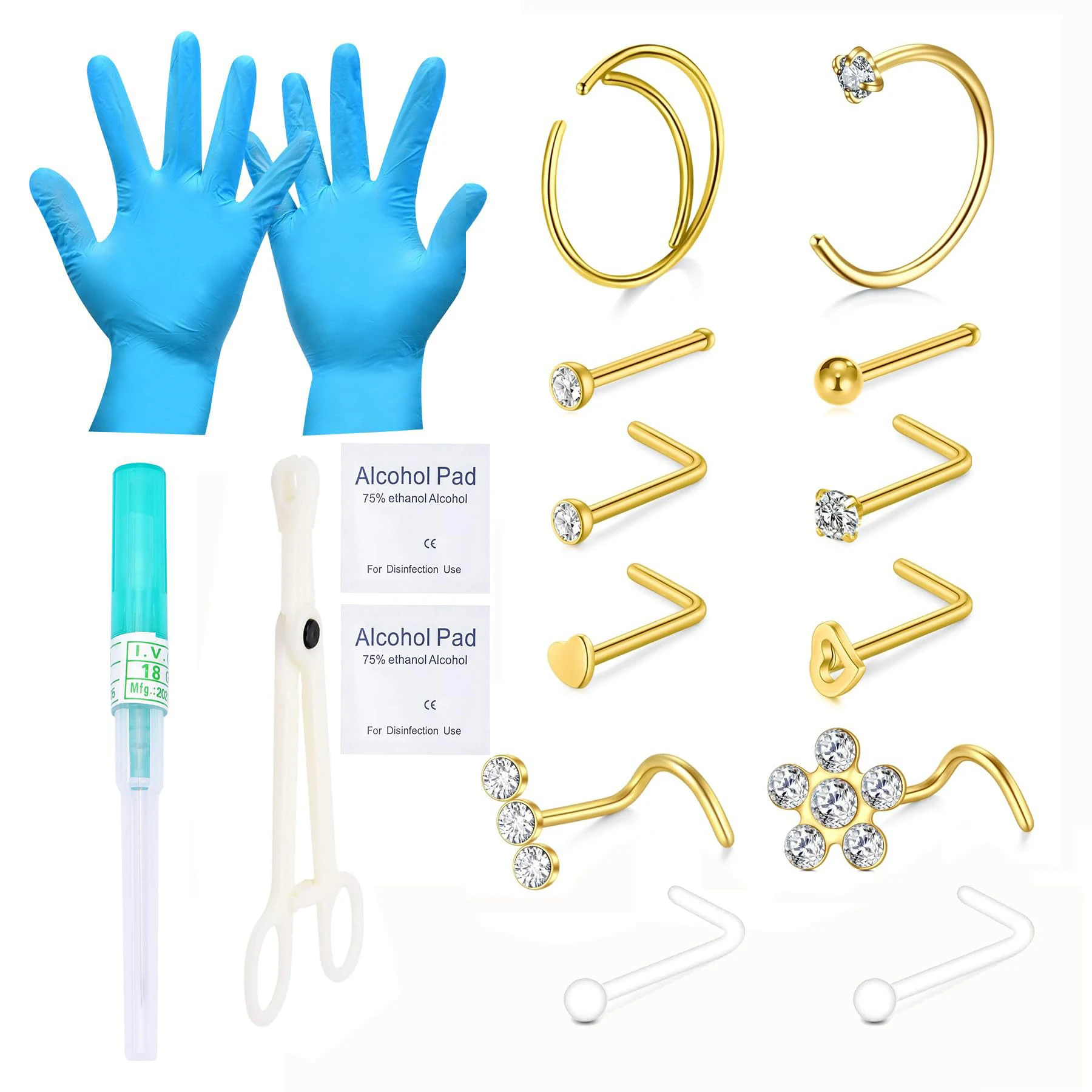 8/12/17pcs Stainless Steel Nose Septum Cartilage Tragus Earrings with 18G 20G Piercing Needle and Tool Kit For Women Men