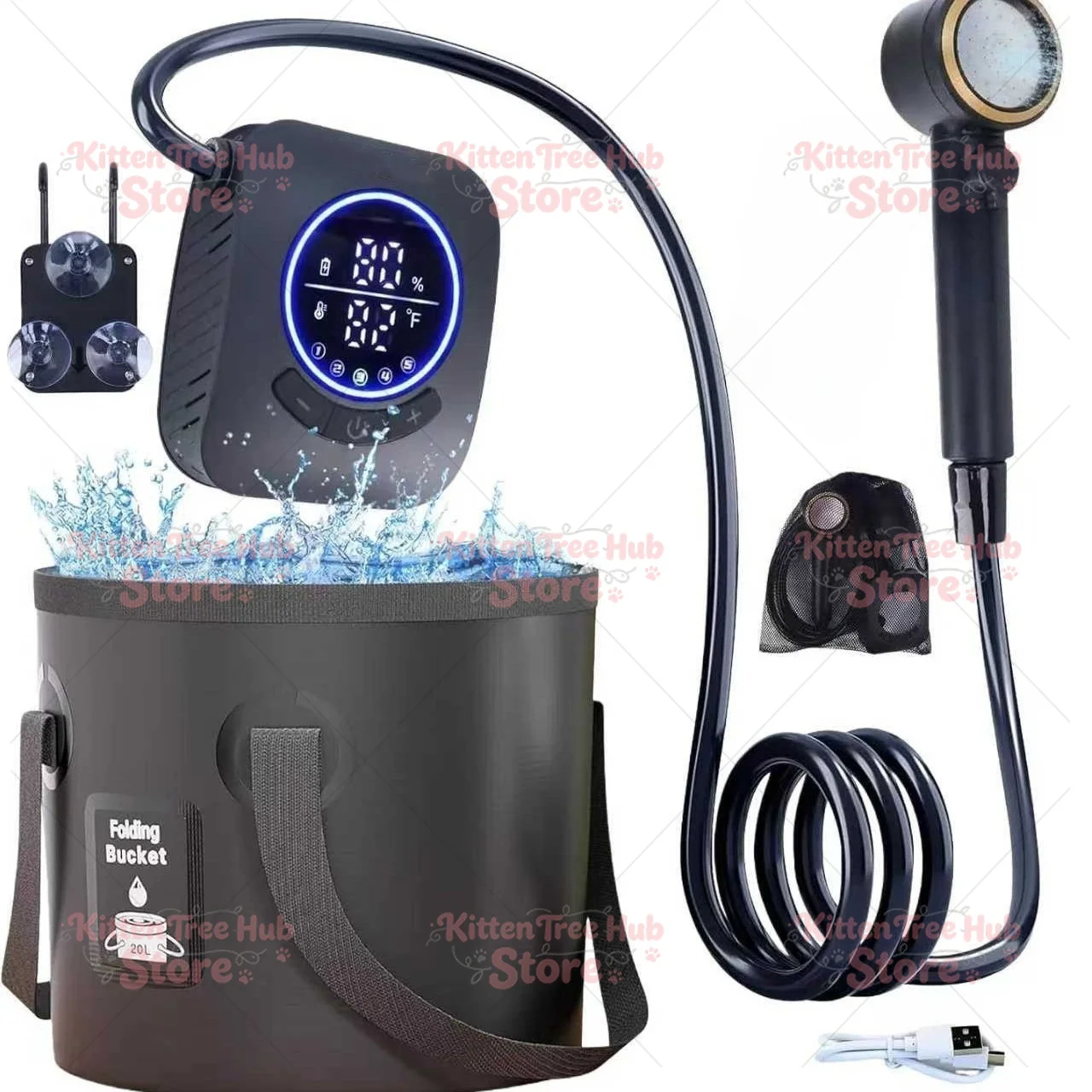 Travel Hiking Outdoor Camping  with 20L Collapsible Bucket,5 Spray Modes,8000mAh Rechargeable