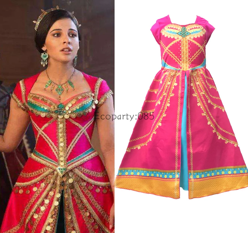 Vestido de Cosplay de princesa Jasmine Aladdín, traje rosa fucsia para niños y adultos, disfraz de actuación para fiesta de Halloween, ropa para padres e hijos