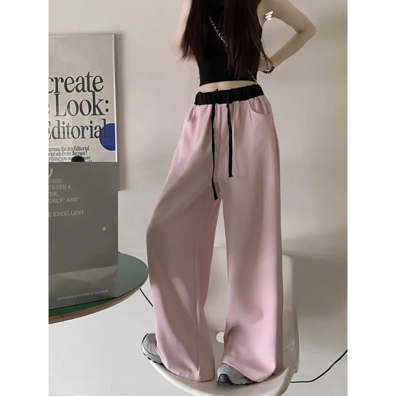 

Spring Fashion Pink Elegant Loose Gray Office Women Pants Fashion High Waist Straight Trousers Casual Straight Loose Trousers