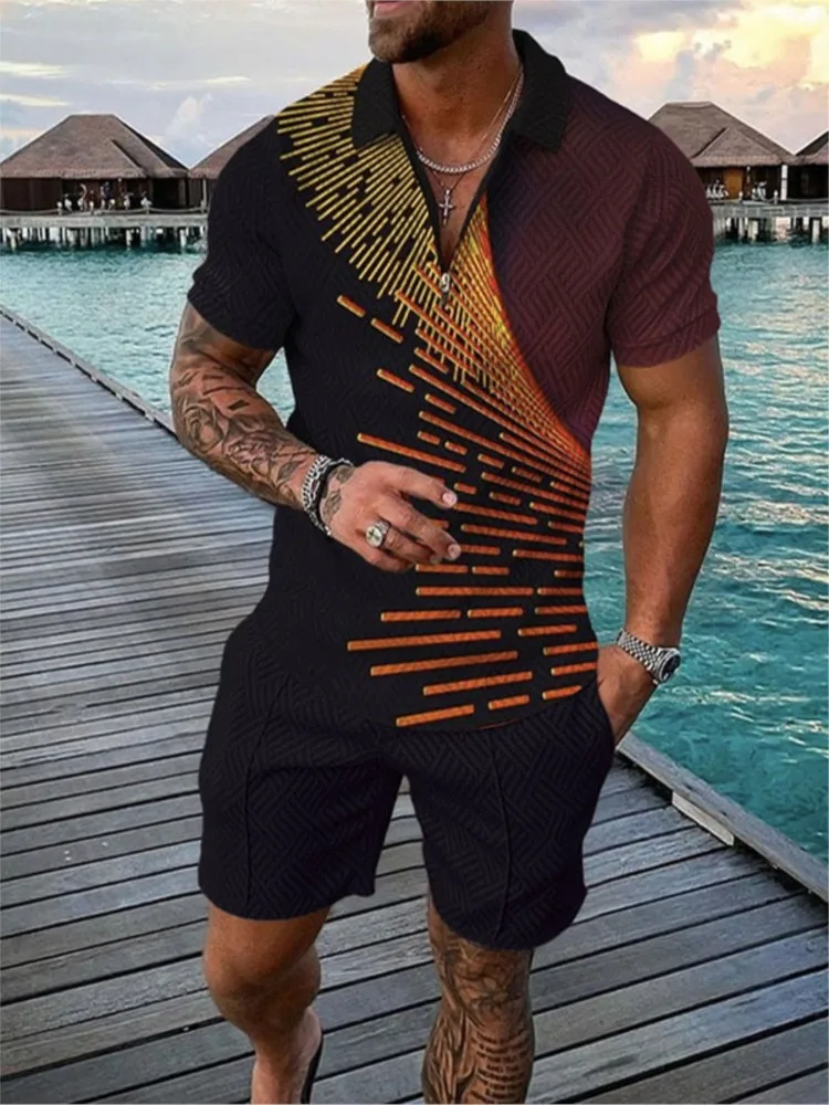 Men Europe United States summer Waffle solid zip-up lapel short-sleeve suit shorts 2-Pcs sets Men's Casual Polo Shirt Sportswear