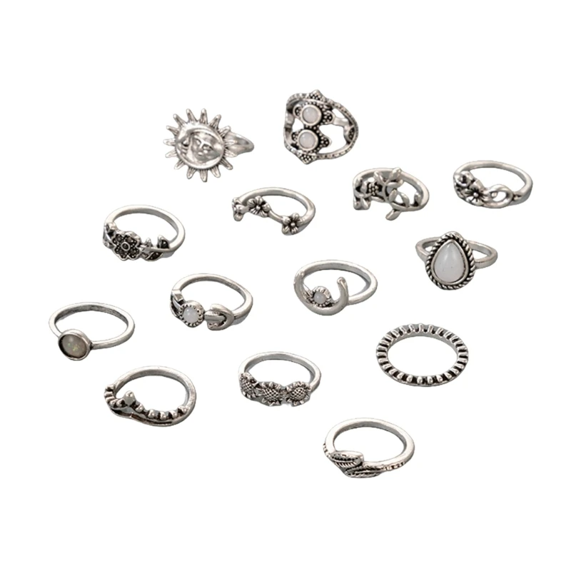 14 Pieces Boho Vintage Silver Flower Leaves Finger Rings Set for Girlfriend