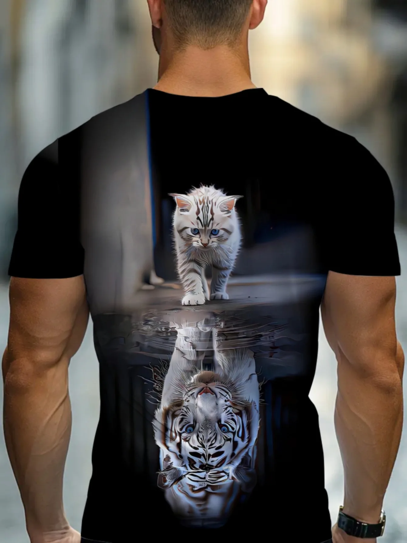 Men Short Sleeve T‑Shirt Kitten Reflection White Tiger Metaphor Animal Crew Neck Casual Tops