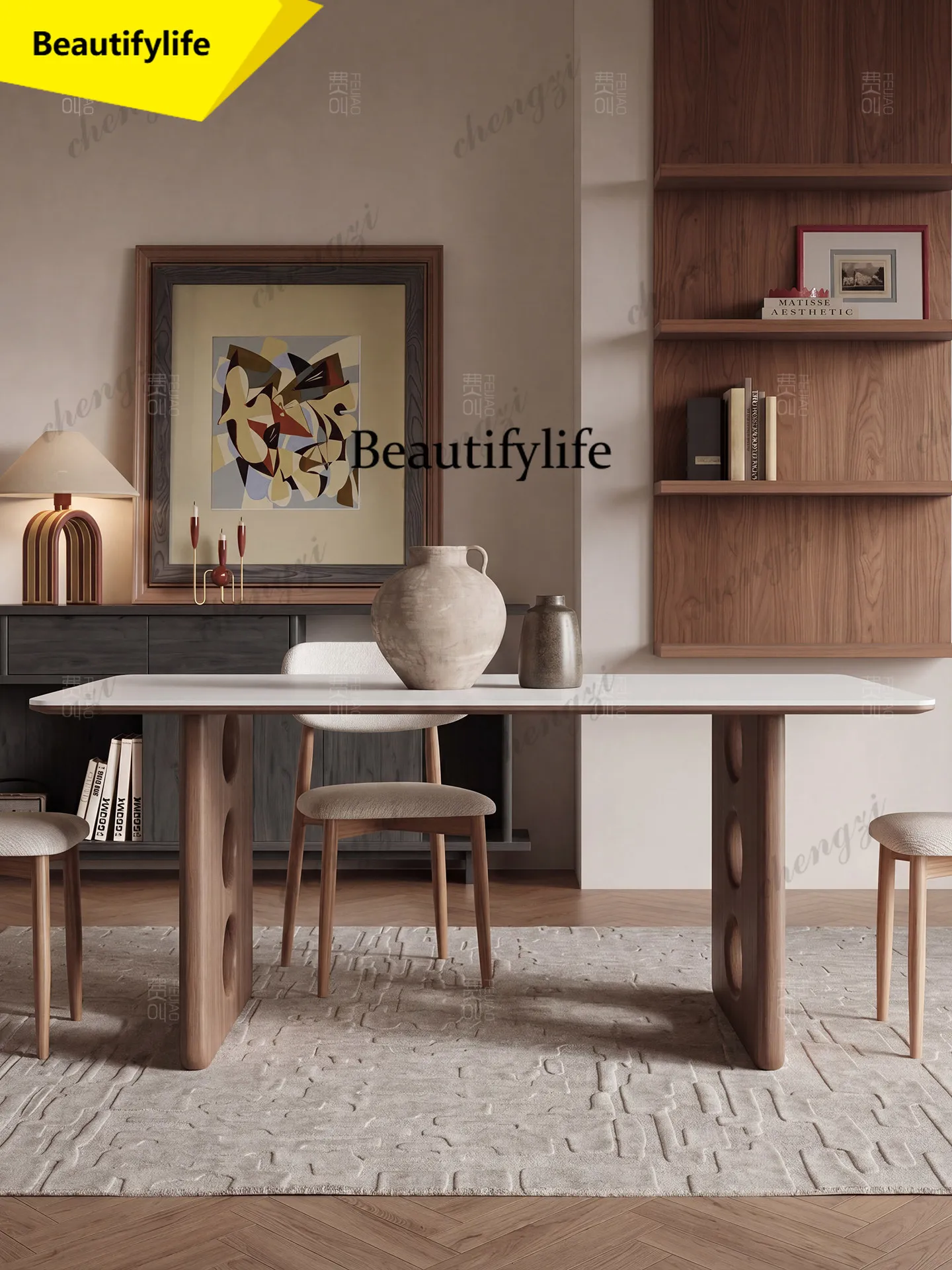 A17 Medieval pure white rock slab dining table household small apartment, French retro rectangular solid wood dining table