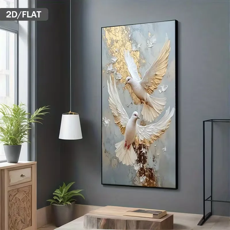 2D Flat, 2D Flat, Modern Abstract Canvas Art Featuring White Pigeons with Golden Wings, Measuring 27.56 by 55.12 Inches Or 70 by