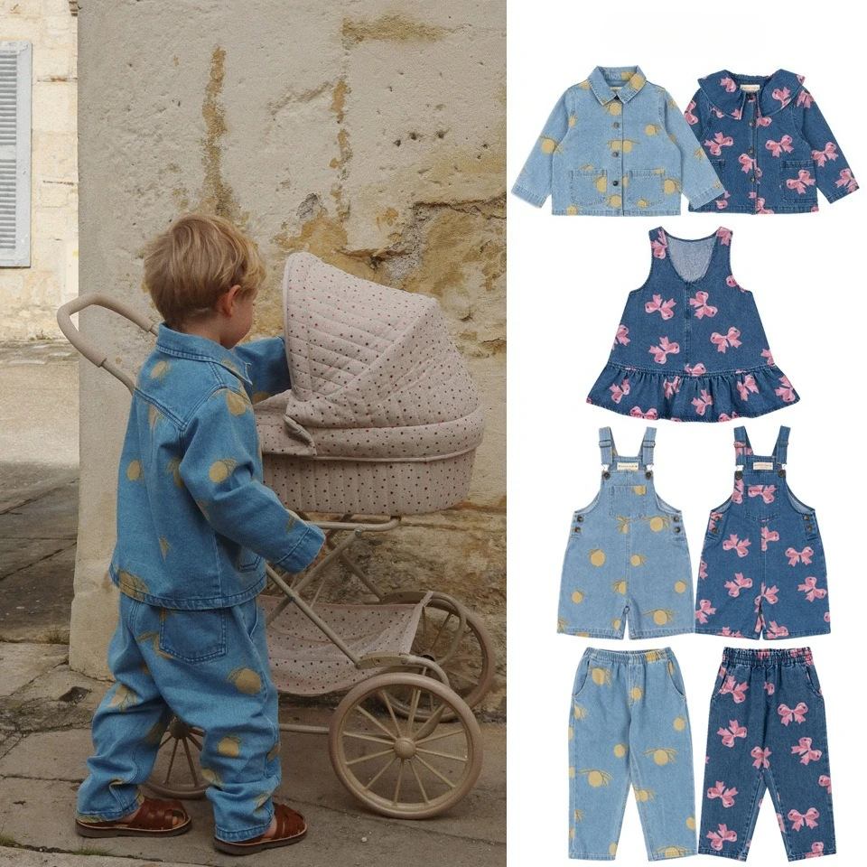 

Children's Set 25 New KS Kids' Lemon Denim Jacket Girls' Overalls Shorts Bow Tank Top Dress Boy Long Pants