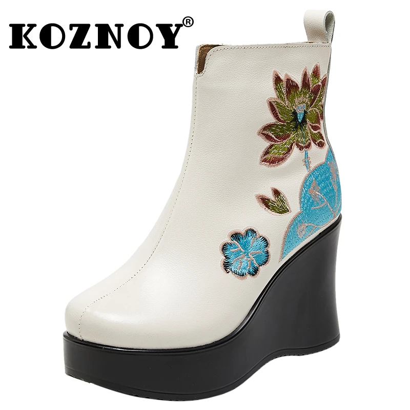 

Koznoy 9cm New Genuine Leather Ethnic Ankle Boots Embroider Spring Platform Wedge Ladies Chelsea Autumn Moccasins Women Shoes