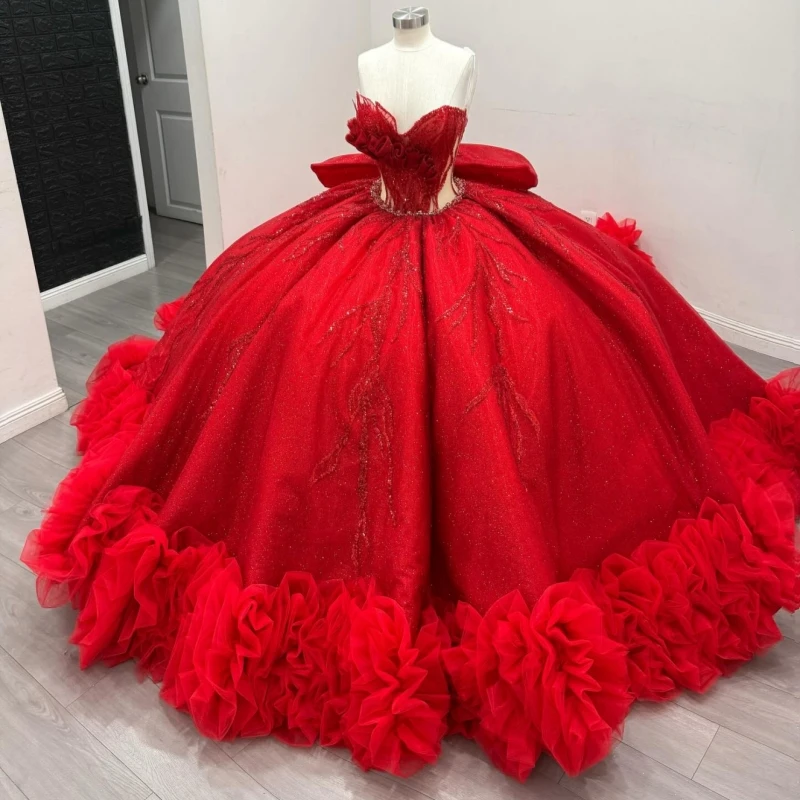 

Red Shiny Quinceanera Dresses Off The Shoulder Beading Crystal Bow Tiered Tull Party Birthday Sweet 16 Dress Vestidos 15 De Anos