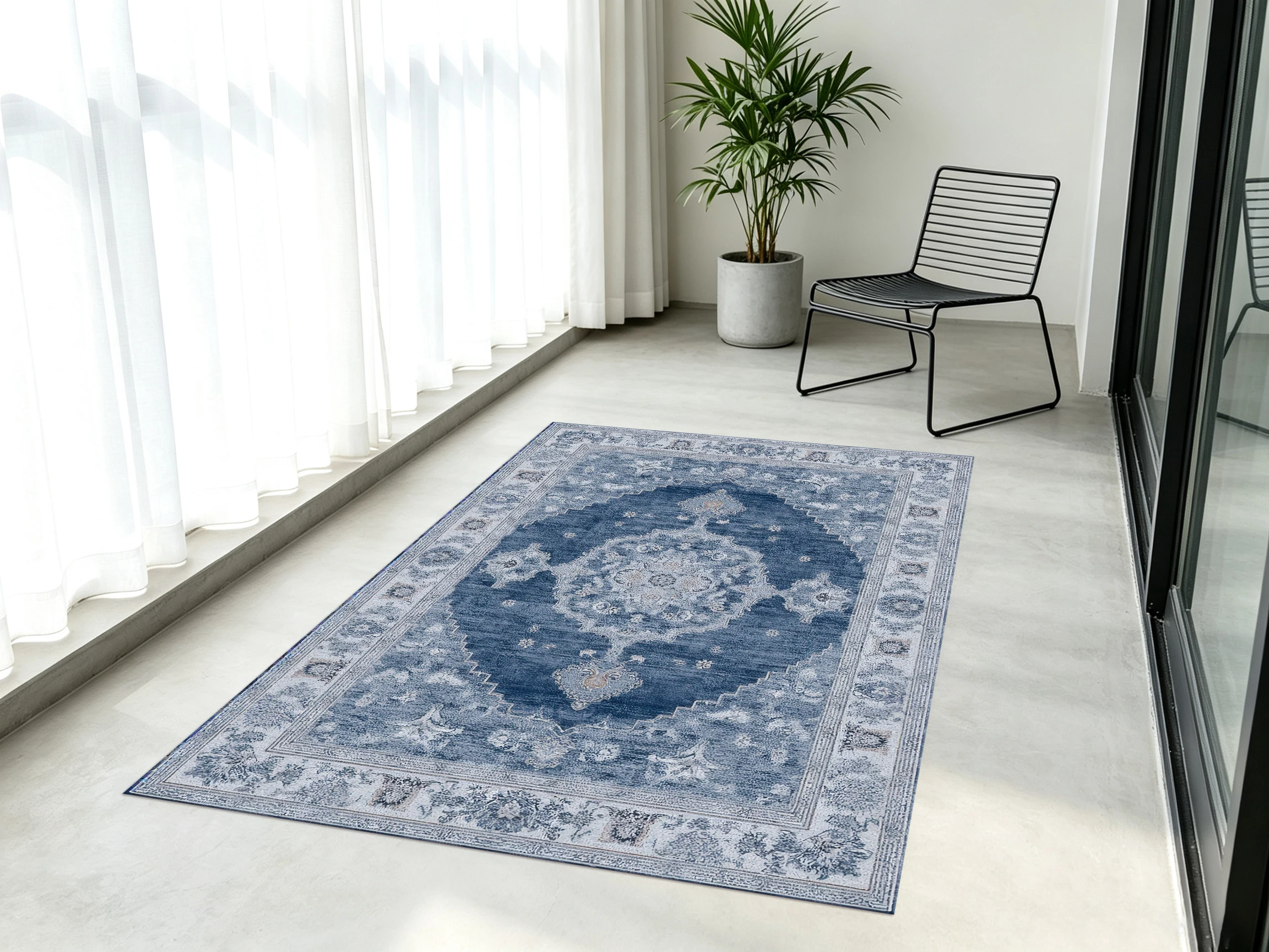 Blue-Tone Vintage Persian Area Rug, Classic Medallion Pattern with Ornate Floral Border, Cozy Autumn Winter Mat for Living Room Home Decor