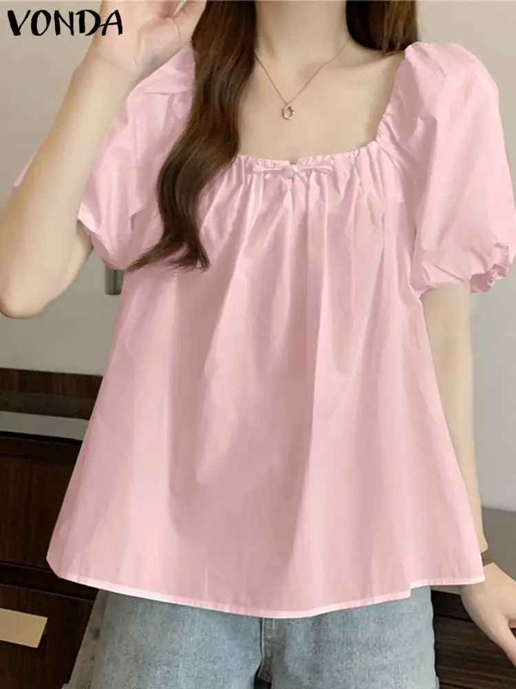 2024 VONDA Elegant Women Square Collar Blouse Summer Tunic Tops Fashion Short Puff Sleeve Shirts Pleated Solid Color Blusas