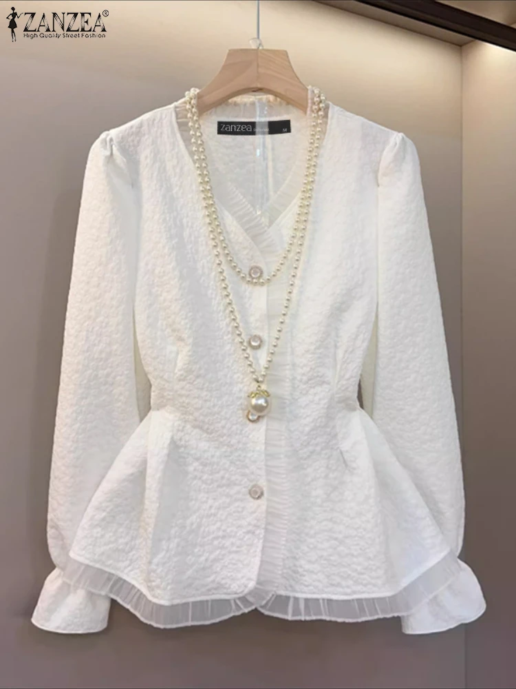 

Stylish Autumn Office Work Blouse 2025 ZANZEA Women Elegant Lace Patchwork Shirt V Neck Long Sleeve Tops Tunic Waisted Blusas