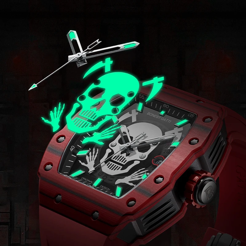 BONEST GATTI ساعة أوتوماتيكية للرجال 52 مللي متر Tonneau ساعة يد ميكانيكية من ألياف الكربون الياقوت مرآة مضيئة الهيكل العظمي الجمجمة الهاتفي
