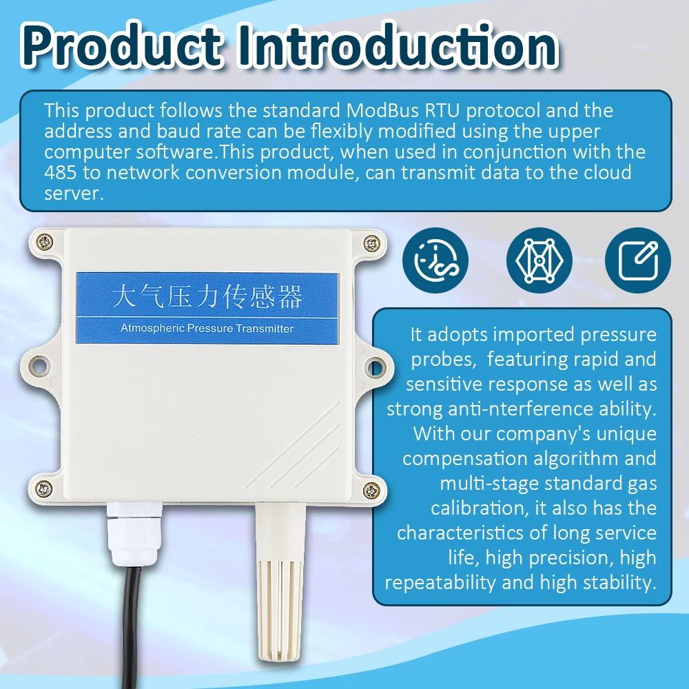 30-110Kpa Atmospheric Pressure Sensor Module 4-20mA 0-10V RS485 Modbus RTU Measure Air Pressure Sensors Transmitter 1M DC12-24V