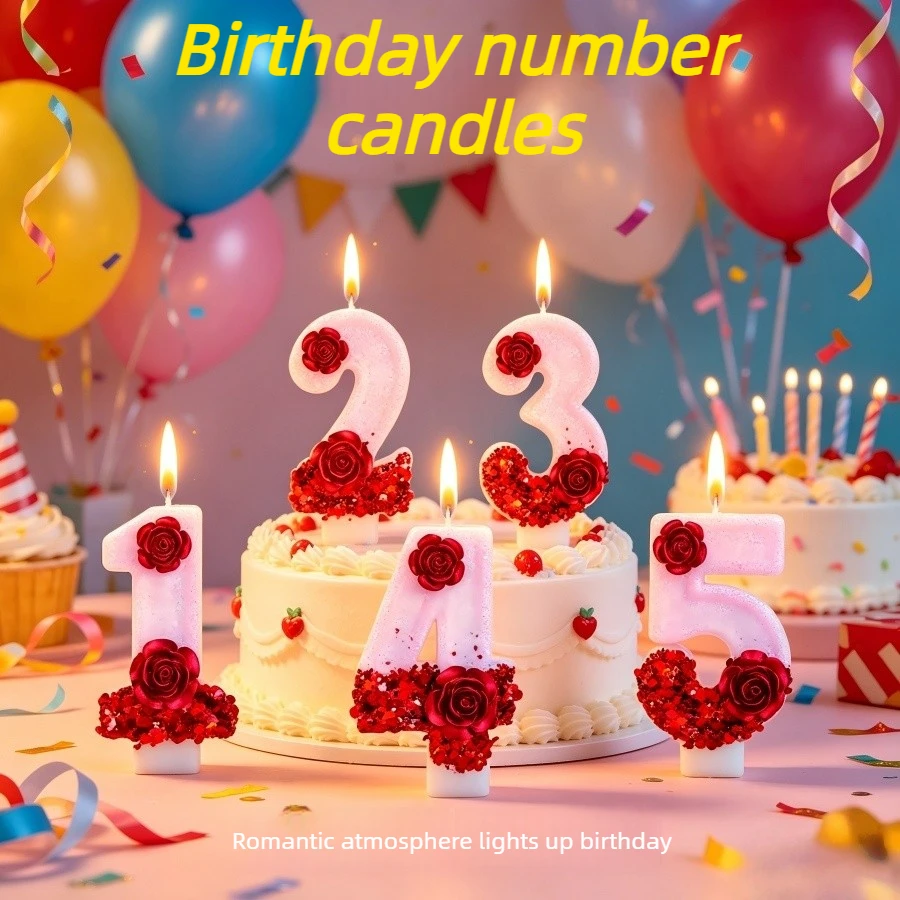 Number Pink Glitter Red Rose Flower Birthday Candle 0 1 2 3 4 5 6 7 8 9 3D Number Candle Cake Topper Birthday Party Cake Decor