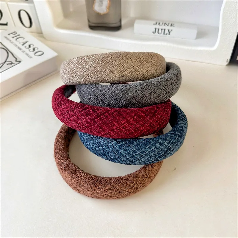 

4PCS Autumn New Textured Woolen Fabric Sponge Thickened Headband Wide Version Photo Hairpin Solid Color Pressure Hair Headband