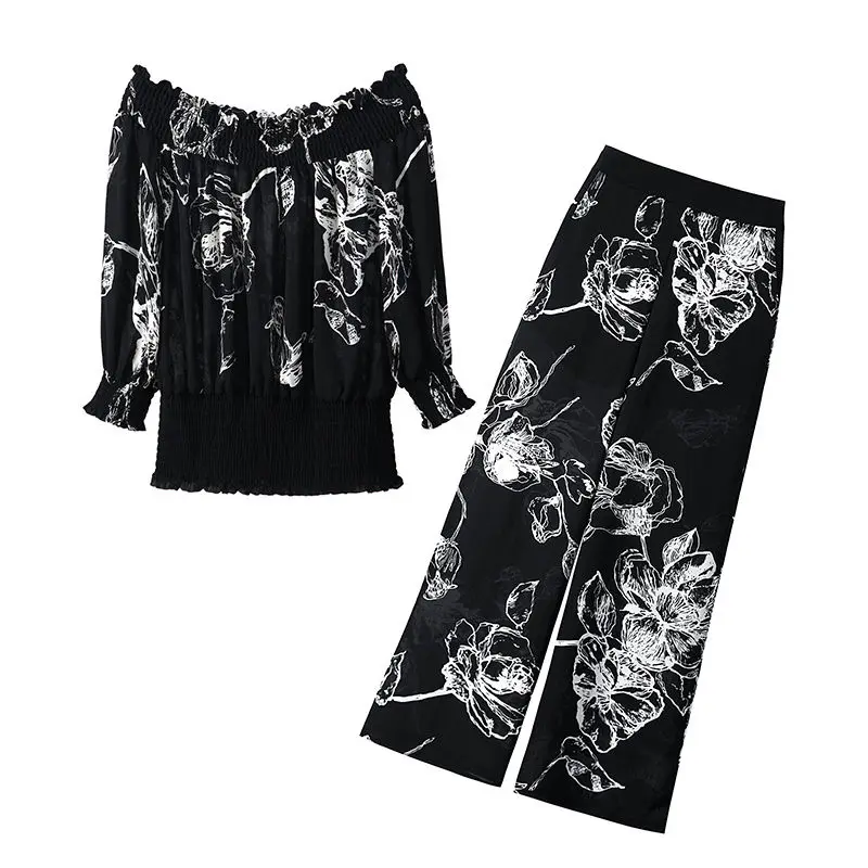 Elegant Fashion Floral Print Pant Sets Summer 2023 Slash Neck Short Sleeve Tunic Blouse Elastic Waist Long Pants Slim Women Sets